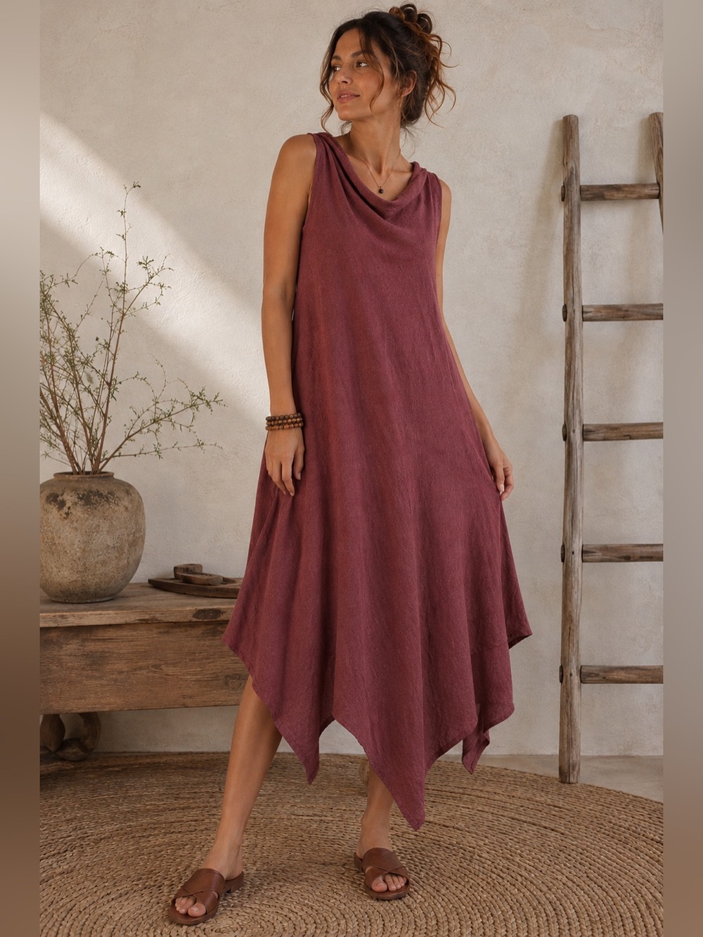 Stella Carakasi Mauve Hemp Cotton Sleeveless Asymmetrical Handkerchief Lagenlook